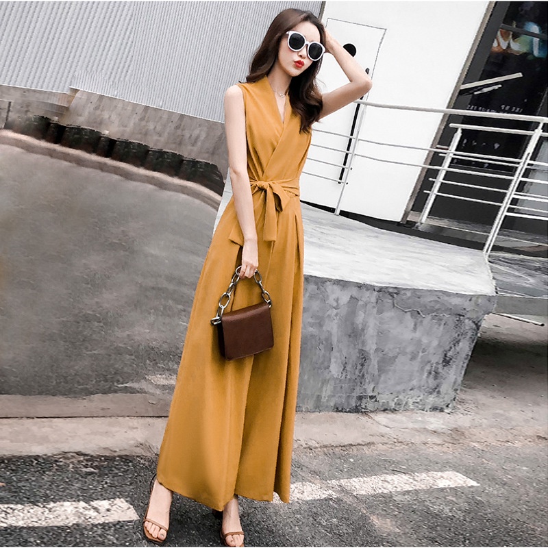 Áo Liền Quần Không Tay Cổ Chữ V Lưng Cao Ống Rộng Thời Trang Mùa Hè Phong Cách Hàn Quốc Cho Nữ