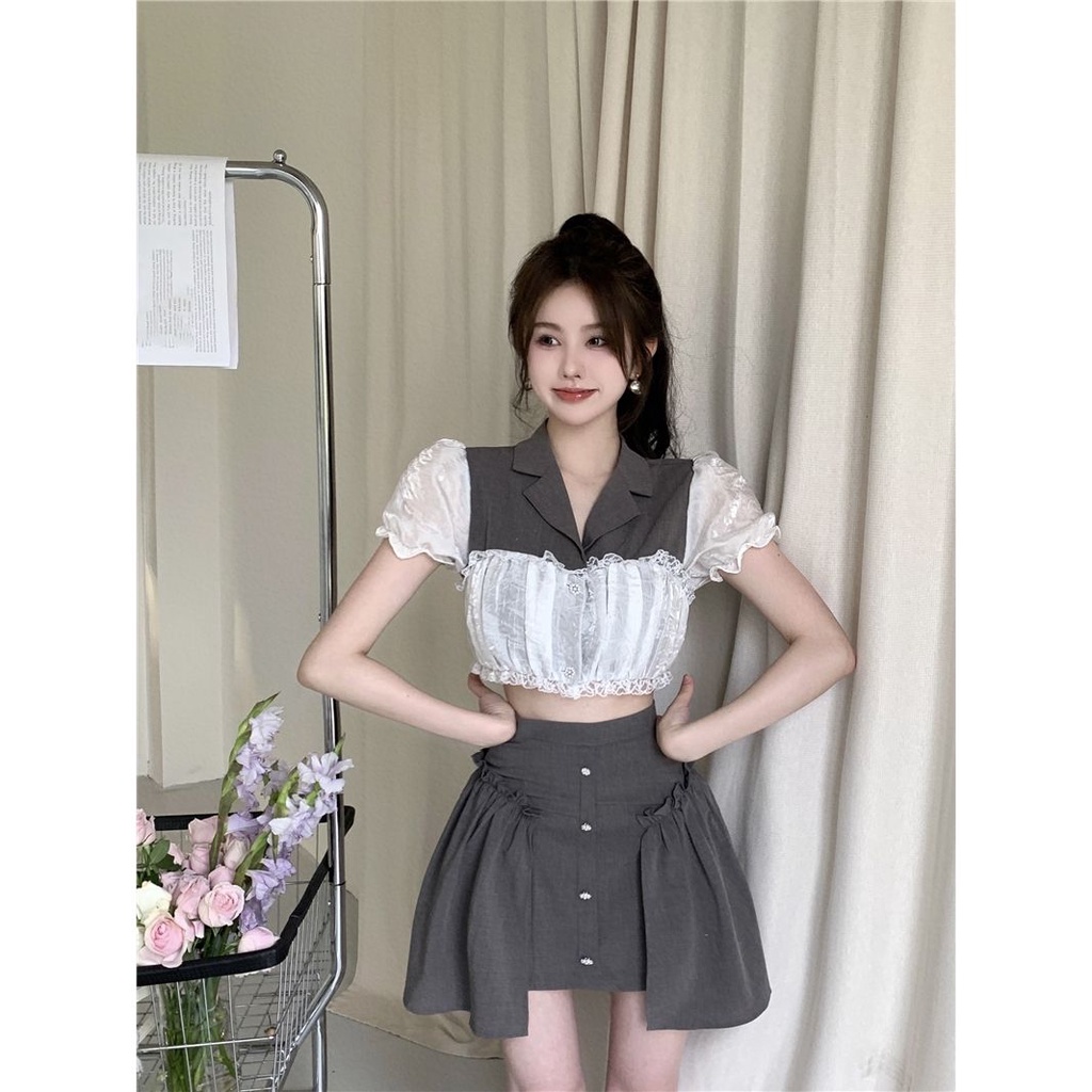 Set Áo Ren Ngắn Tay Và Chân Váy Lưng Cao Thời Trang Dành Cho Nữ