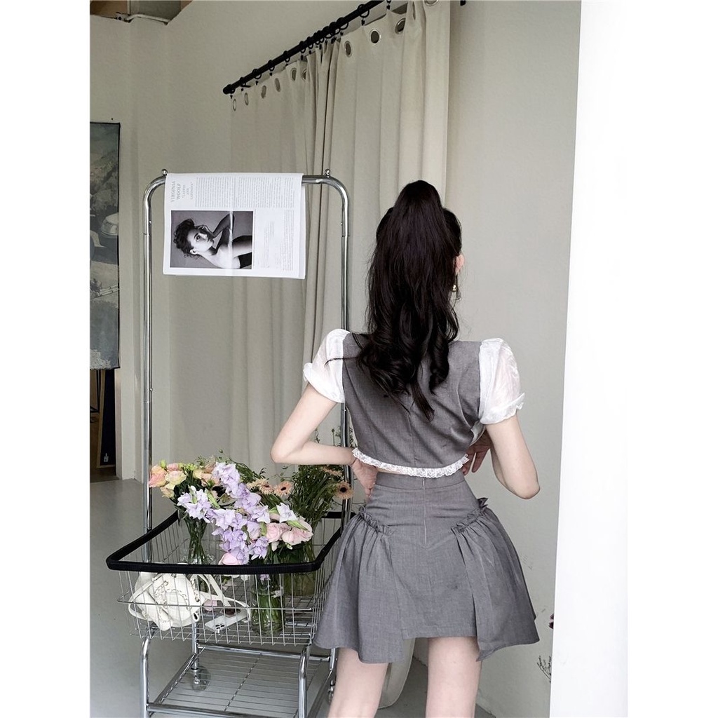 Set Áo Ren Ngắn Tay Và Chân Váy Lưng Cao Thời Trang Dành Cho Nữ