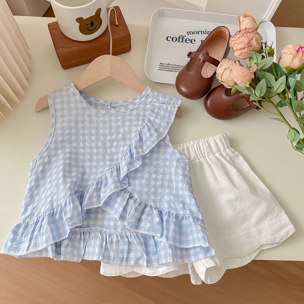 Aiyaya Bộ Đồ Hai Mảnh Áo Hai Dây Bằng Vải Cotton Thời Trang Mùa Hè Dành Cho Bé Gái set đồ trẻ em phong cách Hàn Quốc