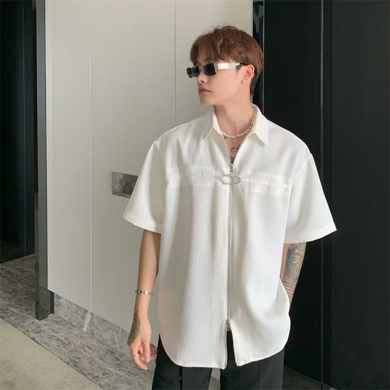 Áo Sơ Mi Tay Ngắn Dáng Rộng Có Khóa Kéo Phong Cách Thời Trang Đường Phố Mỹ Cho Nam Và Nữ