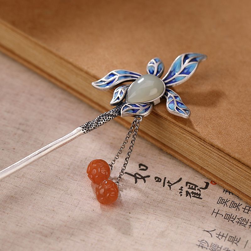 Phụ Kiện Cho Xe Hơi Zhiwei Zhiwei Zhiwei|Qinglan Kẹp Tóc Bạc sterling Hình Hoa Lá Tua Rua Hoa Lan Đỏ Ngọc Bích Thiên Nhiên Phong Thủy Cổ Điển