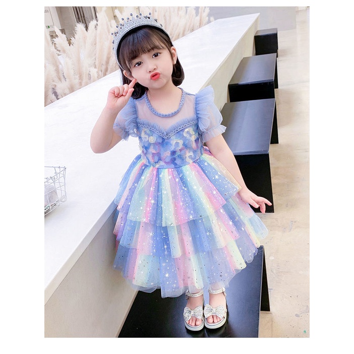 Đầm Công Chúa Mùa Hè 2023 Tay Cộc Đính Lưới Hoa Cổ Tích Cao Cấp Cho Bé Gái