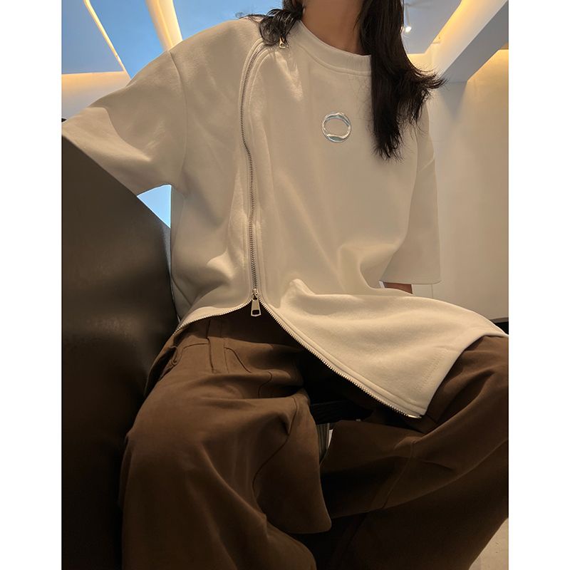 Áo Thun Tay Ngắn Cổ Tròn Dáng Rộng Phối Khóa Kéo Thiết Kế Không Đồng Đều Cao Cấp Thời Trang Mùa Hè Cho Nữ