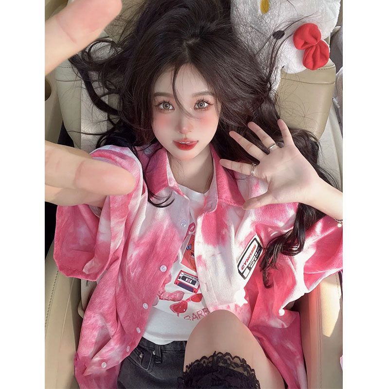 Áo Sơ Mi Tay Ngắn Nhuộm Màu Dáng Rộng Phong Cách Đường Phố Mỹ Thời Trang Mùa Hè Cho Nữ