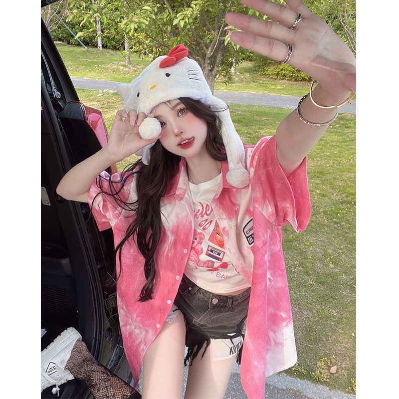 Áo Sơ Mi Tay Ngắn Nhuộm Màu Dáng Rộng Phong Cách Đường Phố Mỹ Thời Trang Mùa Hè Cho Nữ