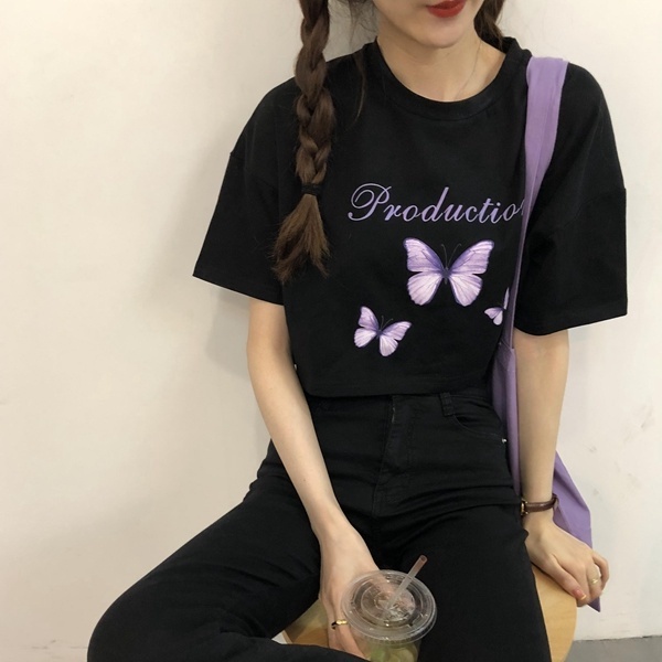 Áo Thun Cotton Màu Tương Phản In Chữ Và Bướm Lưng Cao Dáng Rộng Phong Cách Hàn Quốc Cho Nữ