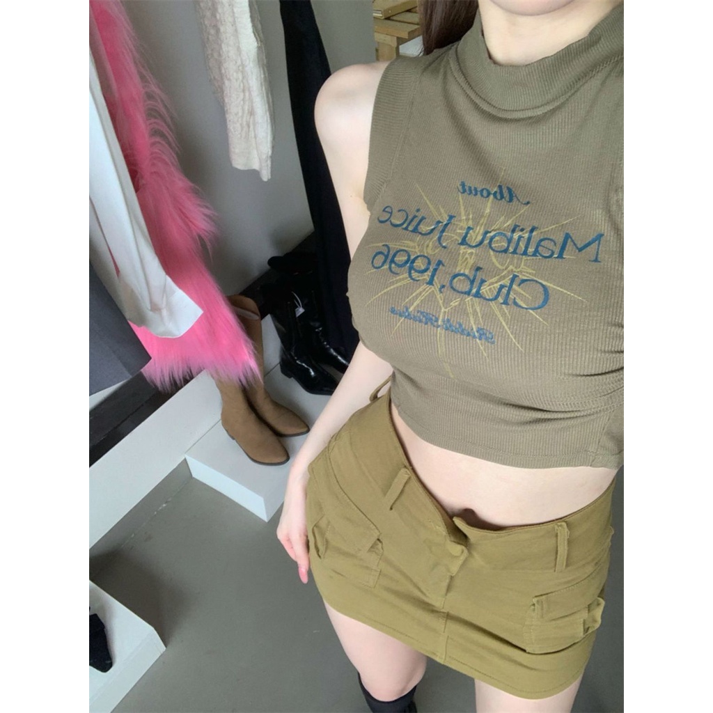 Bán Chạy ~ Áo Croptop Hai Dây Ôm Dáng Vừa Vặn Không Tay Ngắn Hình Chữ I Màu Trơn Phong Cách Retro Mỹ Cho Nữ