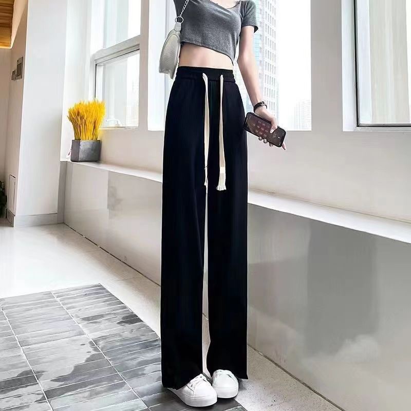 Quần Dài Vải Lụa Lạnh Mỏng Lưng Cao Ống Rộng Màu Đen Chống Nắng Thời Trang Mùa Hè Cho Nữ