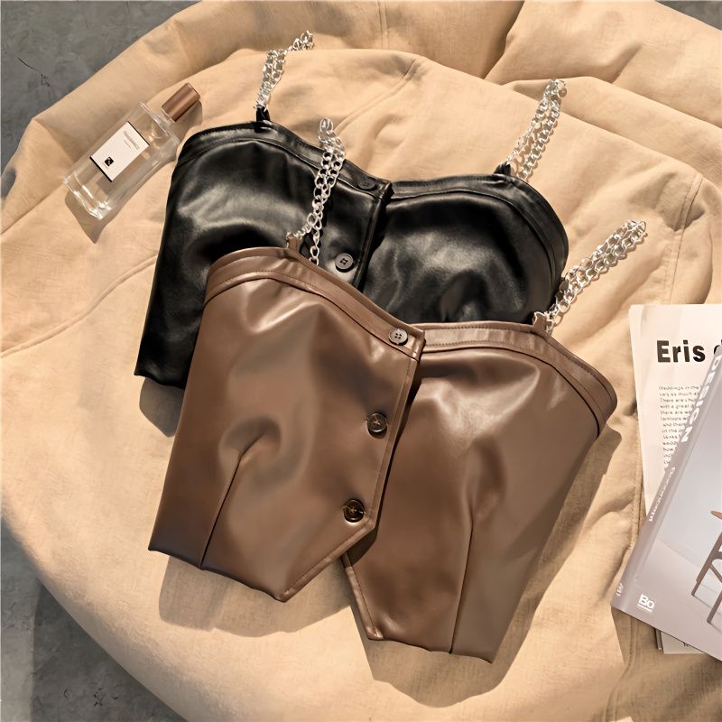 Hàng Mới Về ~ Áo Khoác Da Cao Cấp Phối Dây Xích Dáng Ngắn Hai Lớp Màu Cà Phê Gợi Cảm Cho Nữ