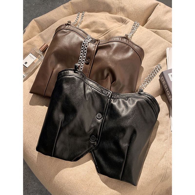 Hàng Mới Về ~ Áo Khoác Da Cao Cấp Phối Dây Xích Dáng Ngắn Hai Lớp Màu Cà Phê Gợi Cảm Cho Nữ