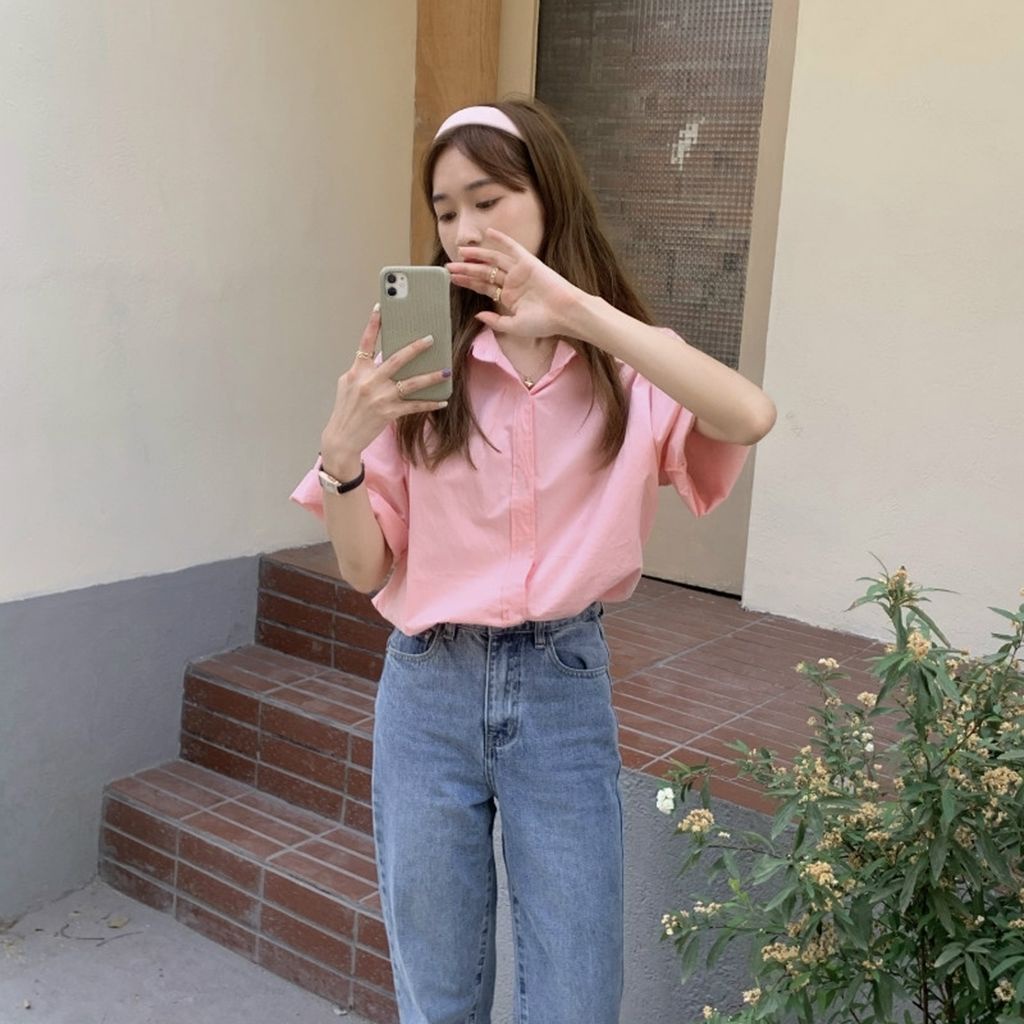 Áo Sơ Mi Tay Ngắn Dáng Rộng Màu Hồng Thời Trang Mùa Hè Hàng Mới Dành Cho Bạn Nữ