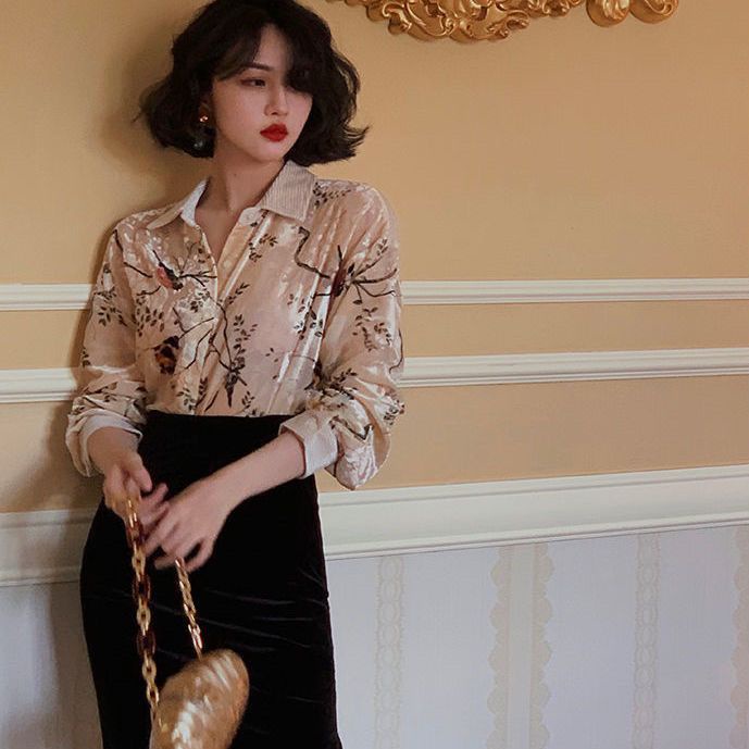 Áo Khoác Sơ Mi Vải Nhung Tay Dài Dáng Rộng In Họa Tiết Kiểu Retro Pháp Thời Trang Mùa Thu 2021 6.9