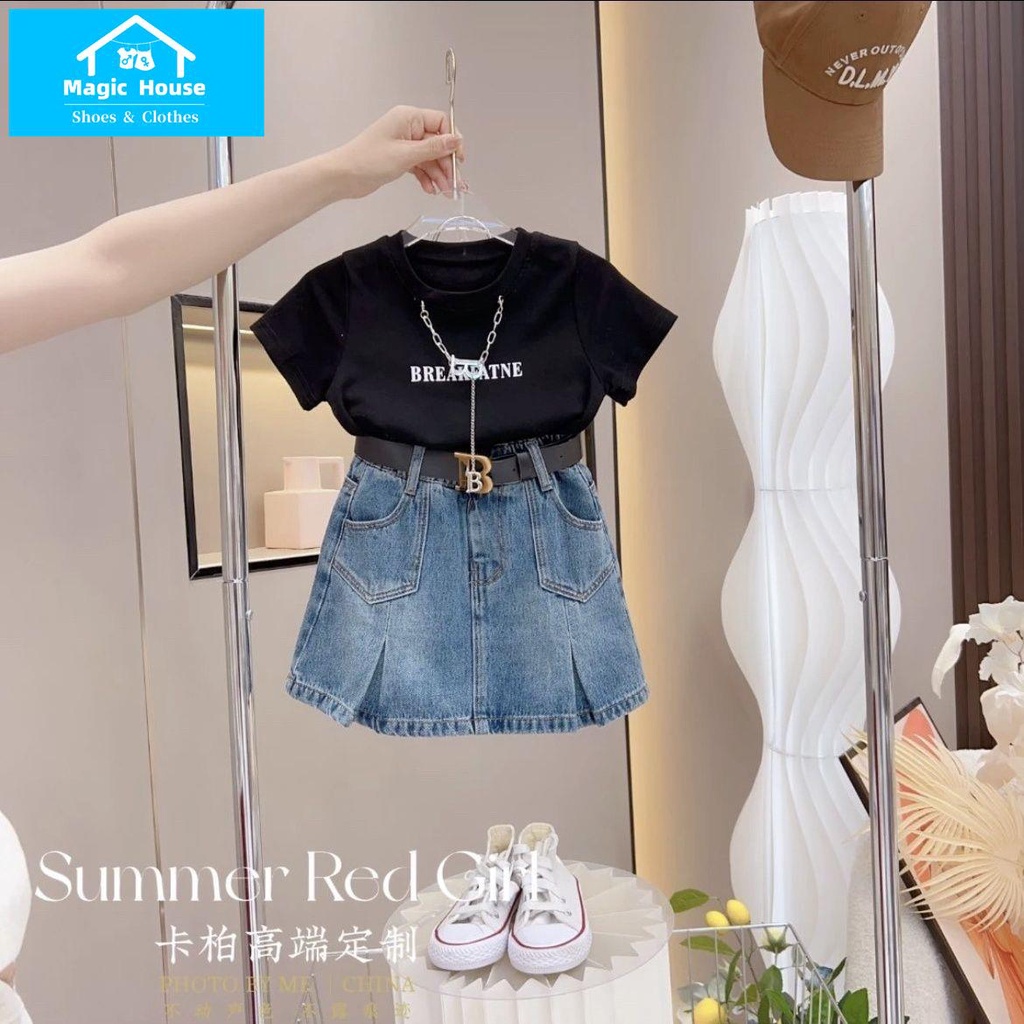 Set Áo Thun Ngắn Tay In Chữ + Chân Váy Denim Ngắn Thời Trang Hè Hàn Quốc Mới 2023 Cho Bé Gái