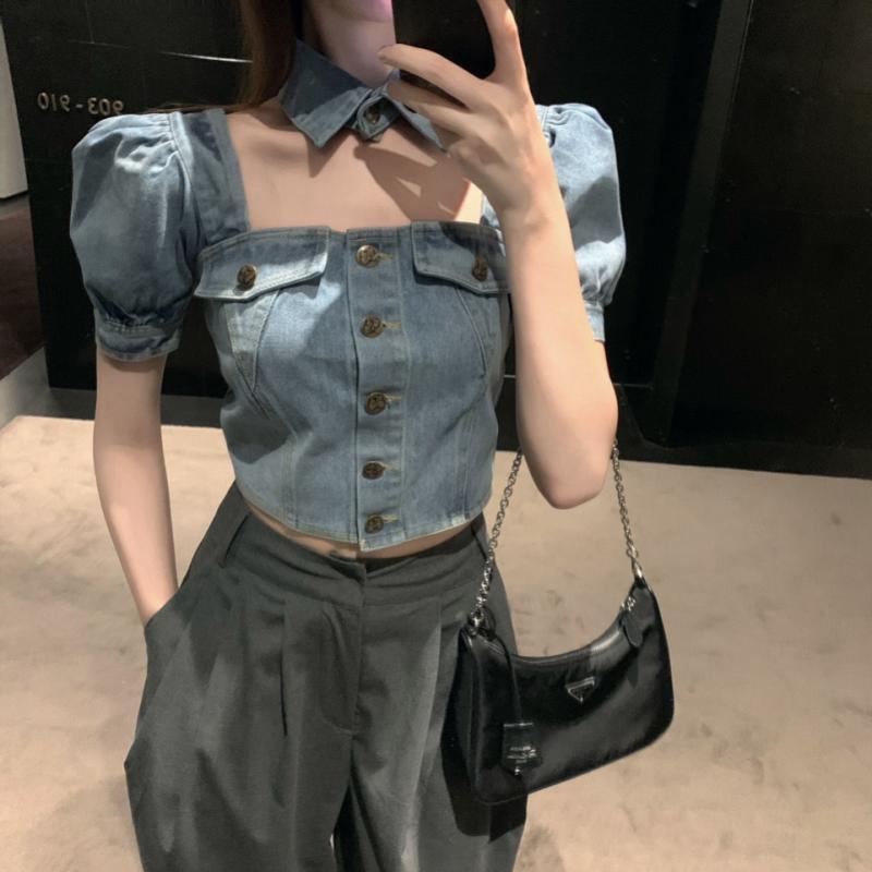 Áo Sơ Mi Denim Tay Ngắn Phồng Cổ Vuông Eo Cao Thời Trang Mùa Hè Dành Cho Nữ