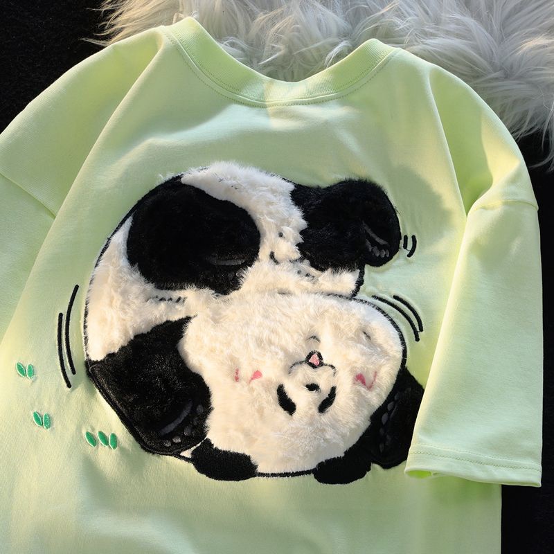 Áo Thun Cặp Dáng Rộng In Hình Gấu Trúc Dễ Thương Phong Cách Retro