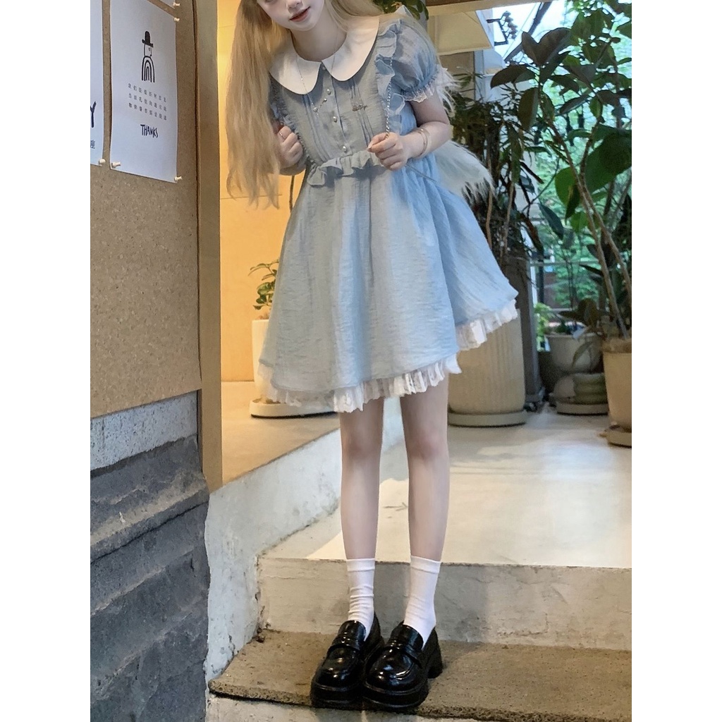 Đầm Ngủ Ngắn Tay Phồng Cổ Búp Bê Phối Ren Thời Trang Mùa Hè Cho Nữ