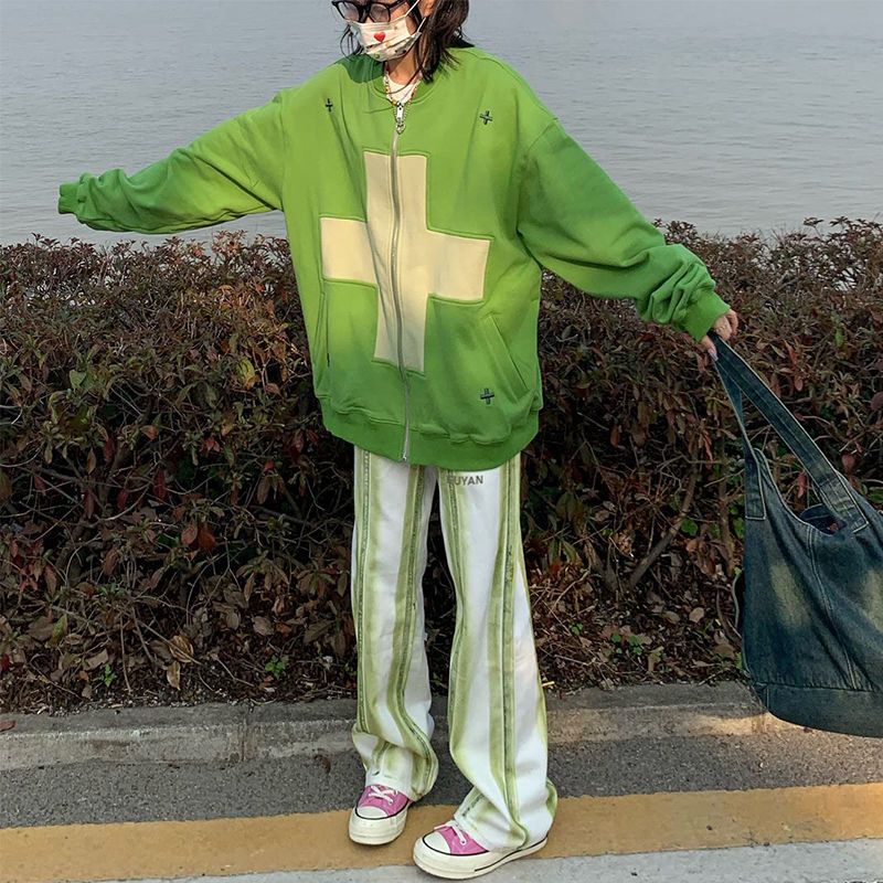 Quần Jean Ống Rộng Nhuộm Màu Phong Cách Đường Phố Thời Trang Xuân Thu Mới