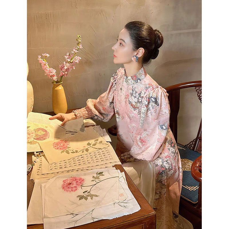 Đầm Sườn Xám Cách Tân Cổ Đứng Cài Khóa In Hoa Kiểu Pháp Thời Trang Mùa Xuân 2023 Cho Nữ