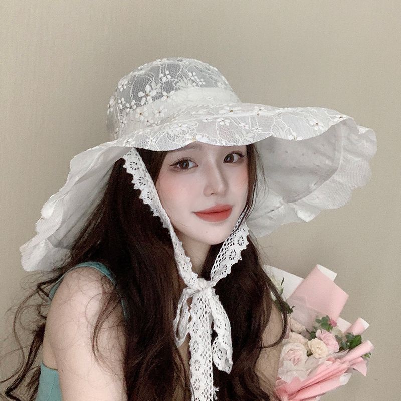 New female sunshade hat white lace sun fisherman hat big hat brim face-covering breathable sunshade hat