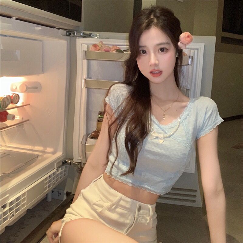 Jiashucheng Áo Thun Lửng Ngắn Tay Cổ Chữ v Eo Cao Thời Trang Mùa Hè Phong Cách Hàn Quốc Dành Cho Nữ