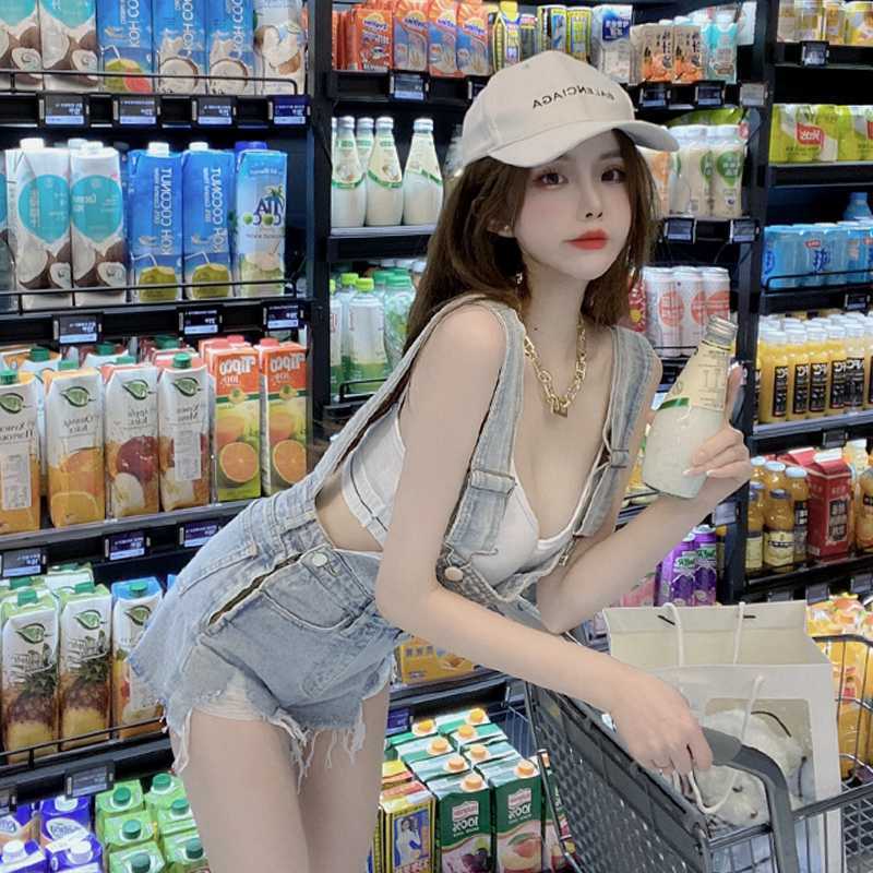 Jiashucheng Quần Yếm Denim Ngắn Mỏng Dáng Rộng Rách Phong Cách Phương Tây Thời Trang Mùa Hè Hàn Quốc Cho Phụ Nữ Tuổi Trung Niên