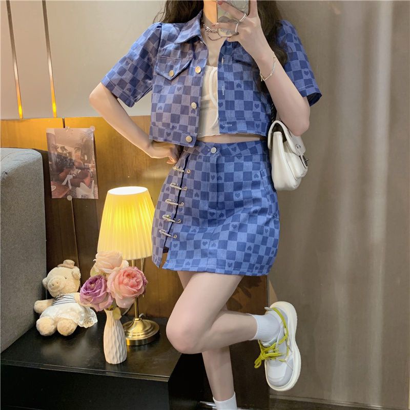 Set Áo Thun Ngắn Tay + Đầm Caro Thiết Kế Mới 2023 Thời Trang Mùa Hè Cho Nữ