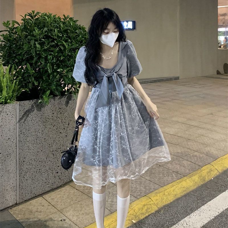 Đầm Dài Qua Gối Tay Phồng Đính Nơ Phong Cách Retro Pháp Thời Trang Mùa Hè Dành Cho Học Sinh