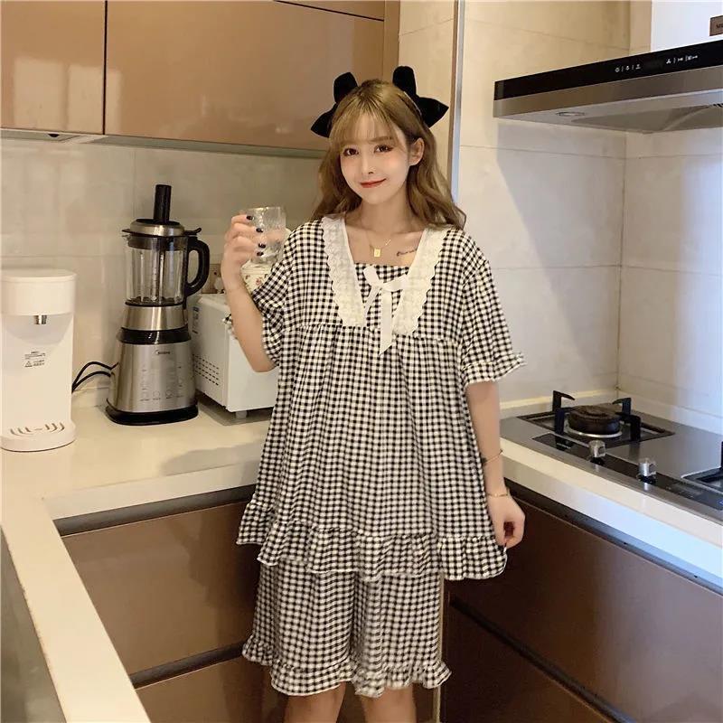 Bộ Đồ Ngủ Áo Tay Ngắn Phối Quần Short Họa Tiết Caro Dễ Thương Phong Cách Hàn Quốc Thời Trang Mùa Hè Cho Nữ