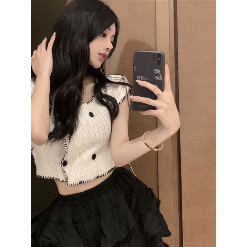 Set Áo Thun Ngắn Tay Cổ Vuông + Chân Váy Xếp Tầng Lưng Cao Phong Cách Mới Cho Nữ