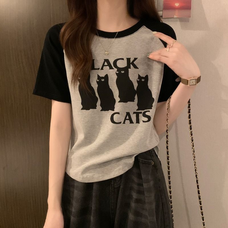 Áo Thun Raglan Tay Ngắn Màu Sắc Tương Phản Thời Trang Mùa Hè Dễ Phối Đồ Cho Nữ