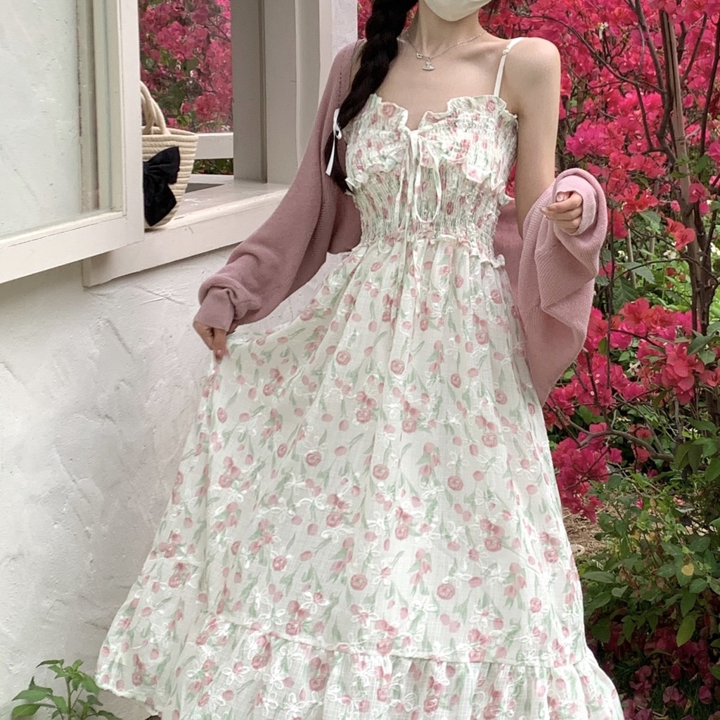 Set Đầm Hai Dây Họa Tiết Hoa Và Áo Khoác Cardigan Thời Trang Xuân Thu Cho Nữ
