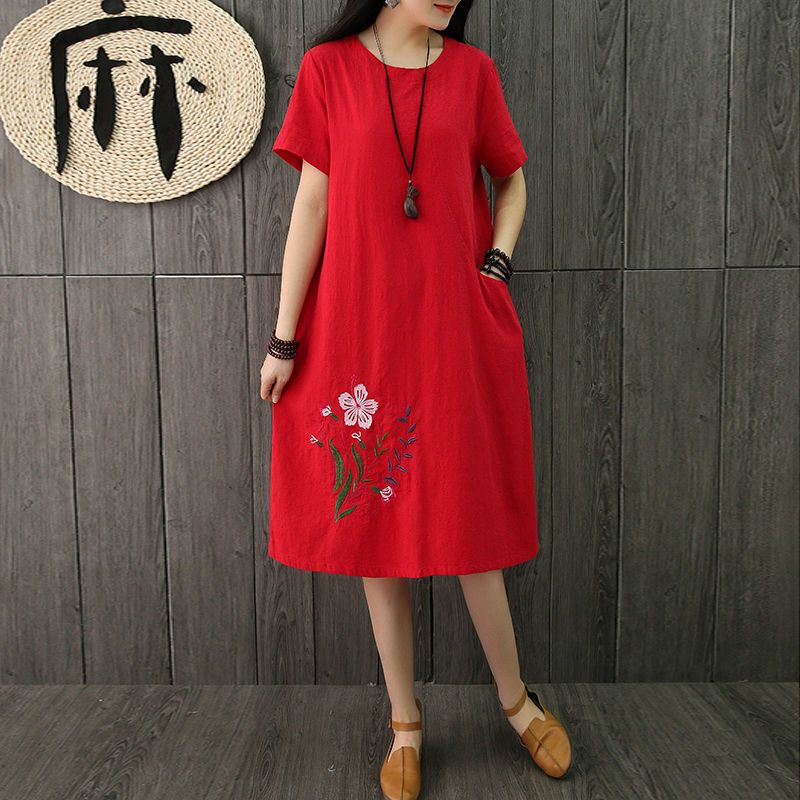 Đầm cotton Lanh plus size Tay Ngắn Thêu Họa Tiết Phong Cách Hàn Quốc Thời Trang Cho Nữ size L-5XL