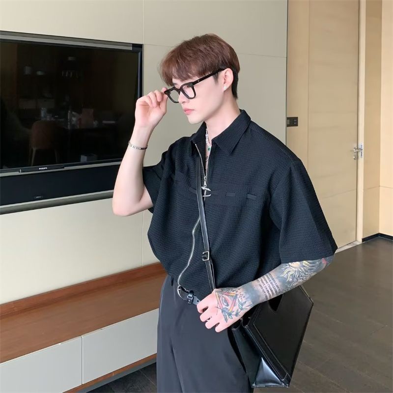 Áo Sơ Mi Tay Ngắn Dáng Rộng Có Khóa Kéo Phong Cách Thời Trang Đường Phố Mỹ Cho Nam Và Nữ