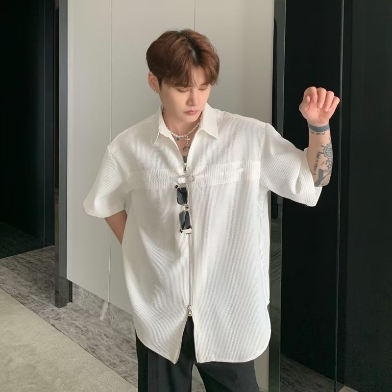 Áo Sơ Mi Tay Ngắn Dáng Rộng Có Khóa Kéo Phong Cách Thời Trang Đường Phố Mỹ Cho Nam Và Nữ