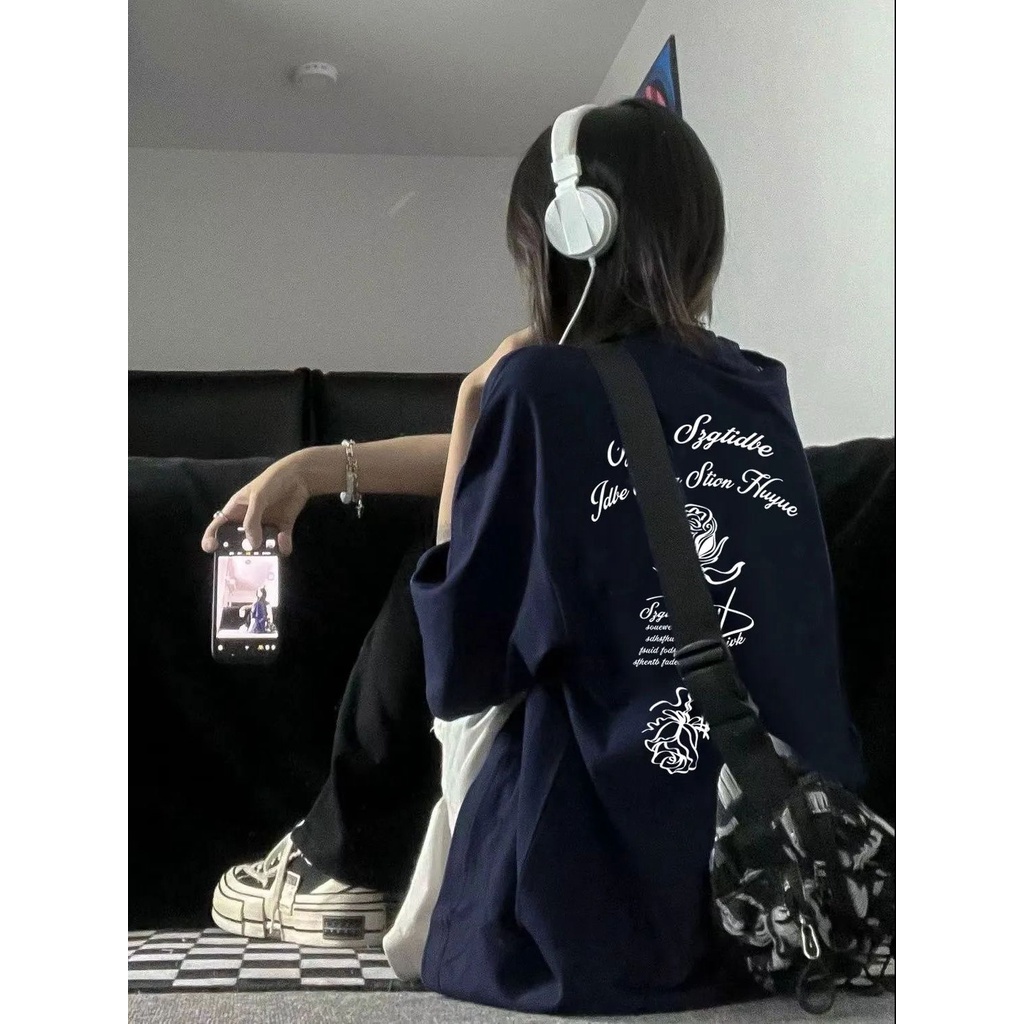 Áo Thun Tay Ngắn Cổ Tròn Dáng Rộng In Chữ No Pilling Màu Xanh Dương Phong Cách Đường Phố Retro Mỹ