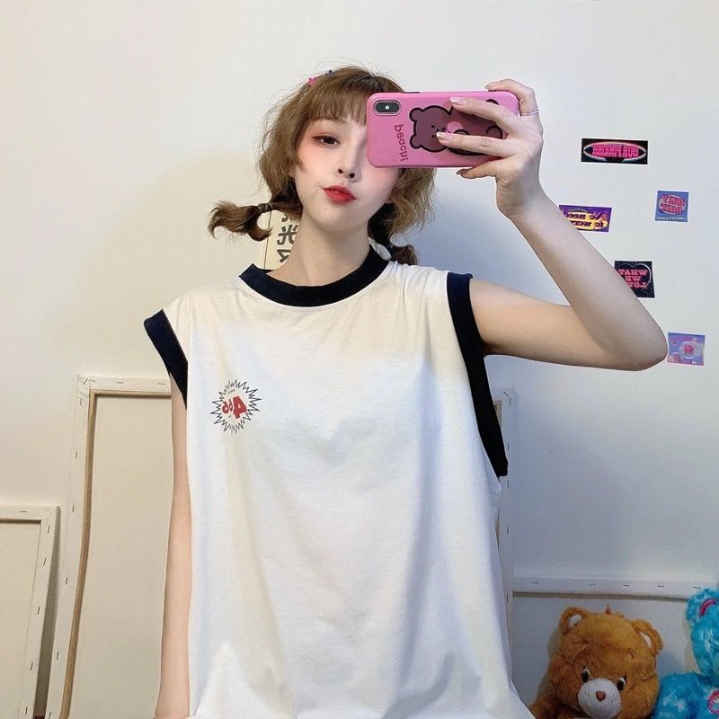 Jiashucheng Áo Thể Thao Sát Nách Dáng Rộng Màu Sắc Tương Phản Phong Cách Retro