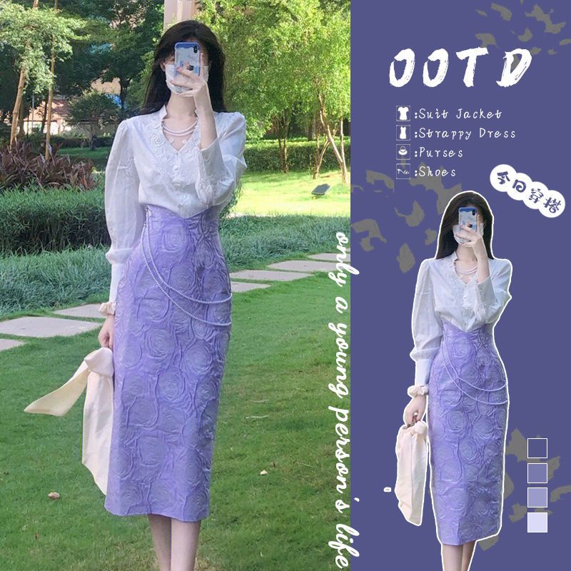 Set Áo Sơ Mi Tay Dài Cổ Chữ V + Chân Váy Lưng Cao Phong Cách Retro Thời Trang Mùa Xuân Mới 2023 Dành Cho Bạn Nữ