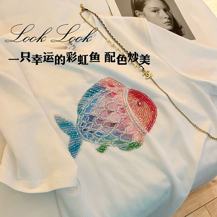 Áo Thun Dáng Rộng Đính Hạt Kim Sa Màu Trắng Phong Cách Công Nghiệp Thời Trang Mùa Hè Hàng Mới Dành Cho Bạn Nữ