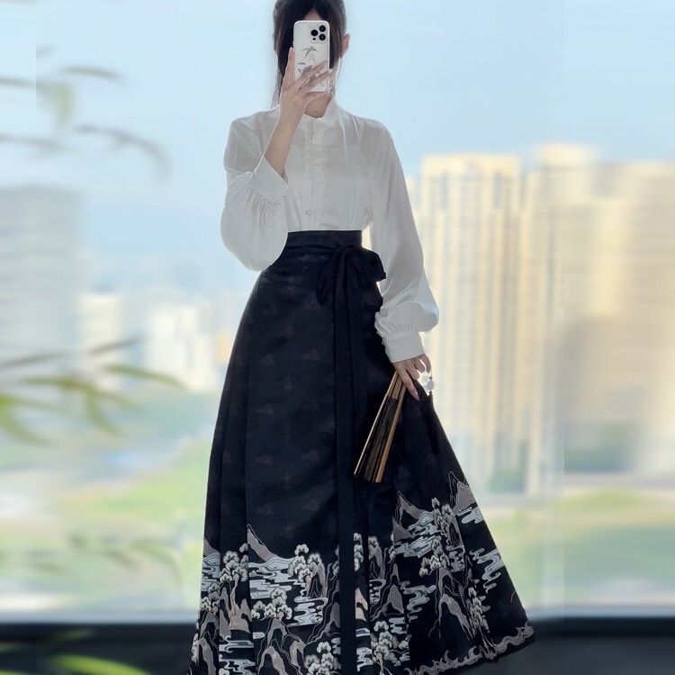 ~ Akiko Tsukimin Bộ Váy Hán Phục Ngắn Cổ Đứng Cho Nữ Sông Núi Hàng Ngày