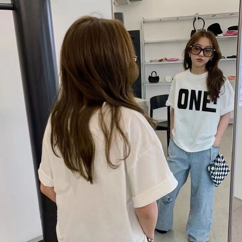 M & H ~  Áo Thun Cotton Nguyên Chất Ngắn Tay In Chữ Phong Cách Mới 2023 Cho Bé Gái