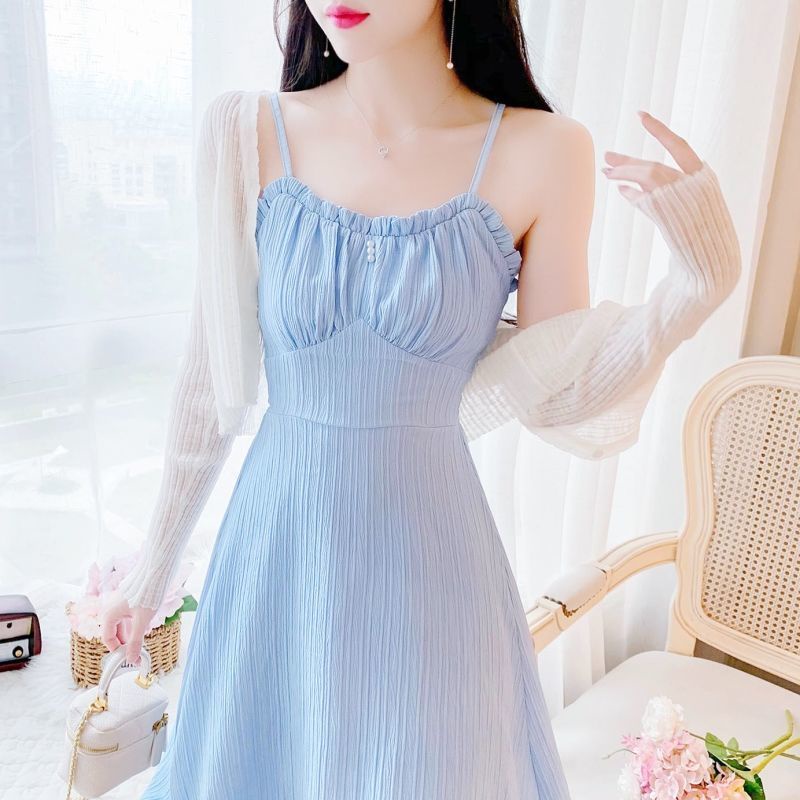 Bộ Áo Hai Dây + Chân Váy Dài Ôm Eo Màu Xanh Dương Thời Trang Mùa Hè Xinh Xắn Cho Nữ