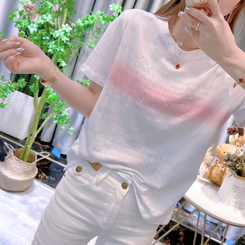 Áo Thun Nữ Ngắn Tay Cổ Tròn In Chữ Phong Cách Châu Âu Mới