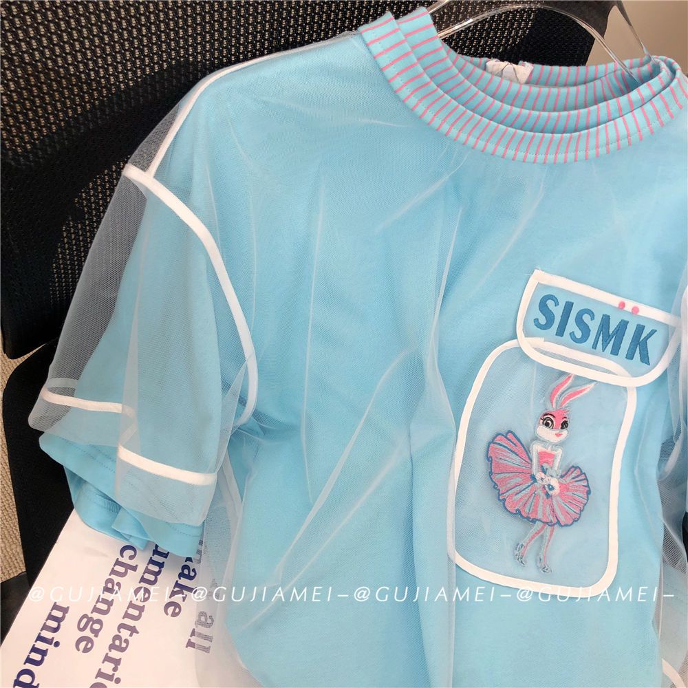 Áo Thun Vải Gạc Màu Xanh Dương Dáng Rộng Thêu Họa Tiết Thời Trang Mùa Hè Kiểu Mới Cho Nữ