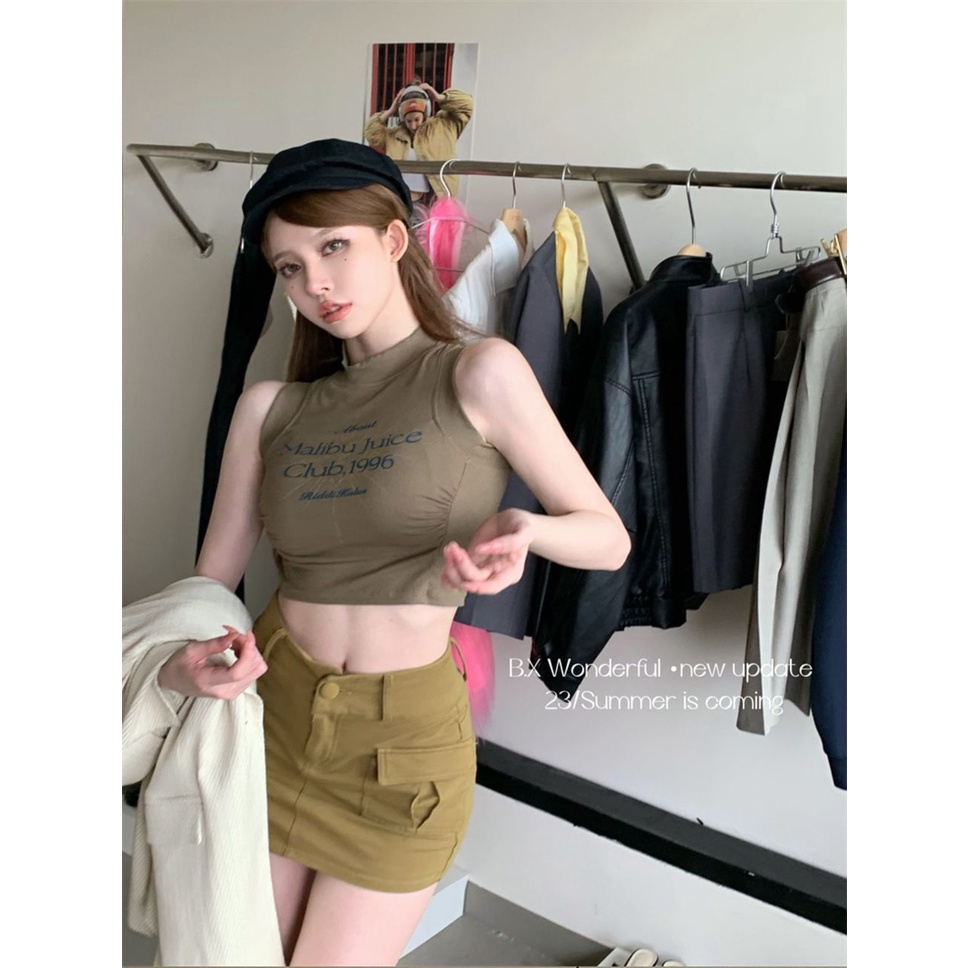 Bán Chạy ~ Áo Croptop Hai Dây Ôm Dáng Vừa Vặn Không Tay Ngắn Hình Chữ I Màu Trơn Phong Cách Retro Mỹ Cho Nữ