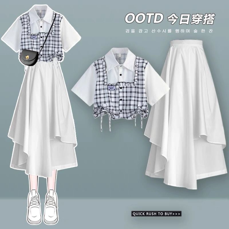 Set Áo Sơ Mi Phối Chân Váy Lệch Tà Phong Cách Preppy Thời Trang Mùa Hè 2023 Mới Cho Nữ