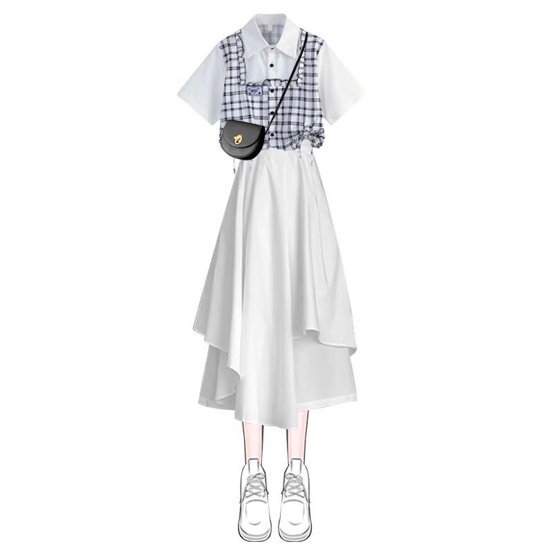 Set Áo Sơ Mi Phối Chân Váy Lệch Tà Phong Cách Preppy Thời Trang Mùa Hè 2023 Mới Cho Nữ