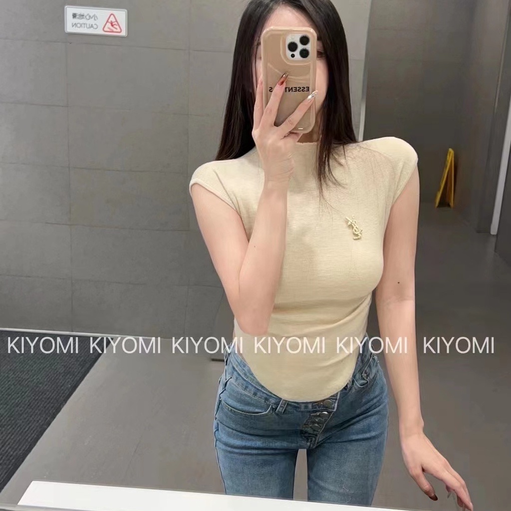 Áo Thun Dệt Kim Mỏng Tay Ngắn Cổ Cao Dáng Ôm Thời Trang Mùa Hè Cho Nữ