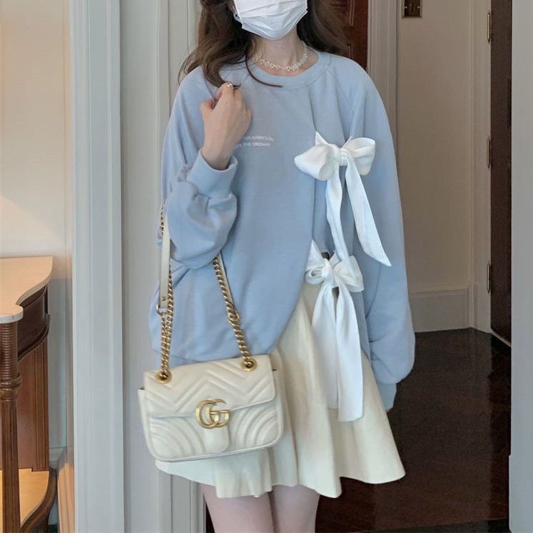 Hàng Có Sẵn Mới Về Set Áo Sweatshirt Phối Nơ Thắt Và Chân Váy Phong Cách Lười Mùa Thu Dành Cho Bạn Gái