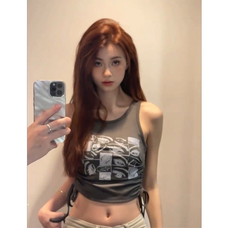 Hot Sale ~ Áo Hai Dây Ngắn Hở Rốn Không Tay In Họa Tiết Mắt Sáng Tạo Phong Cách Retro Thời Trang Nữ Hot Girl